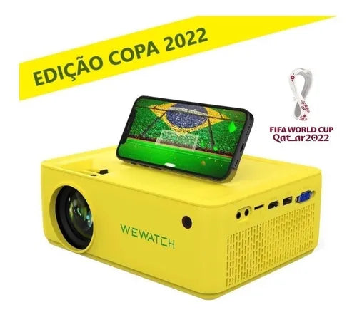 Imagem do projetor com um celular em cima, edição copa 2022