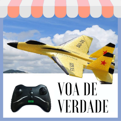 Imagem de um avião de controle remoto amarelo simulando voo. Imagem do controle remoto e os dizeres: Voa de verdade.